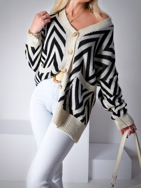 Button up Knitted cardigan Black-Beige