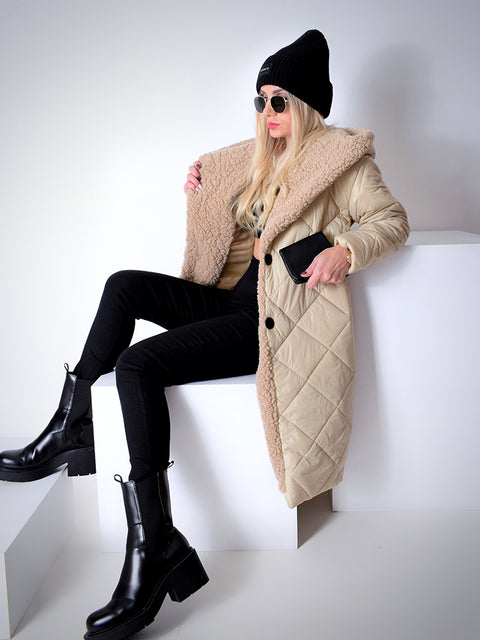 Emily Belted Quilted hooded coat Beige