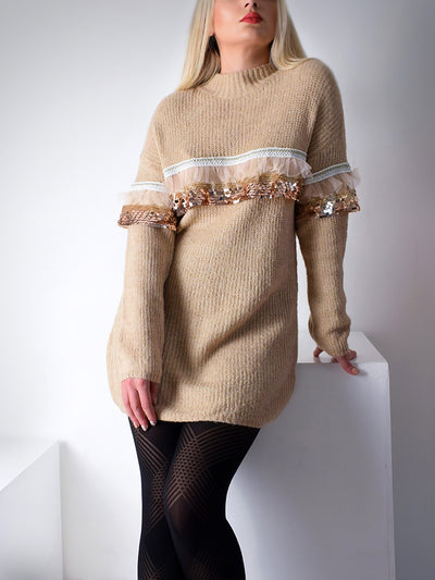 Knitted longline jumper Sequin and lace detailBeige