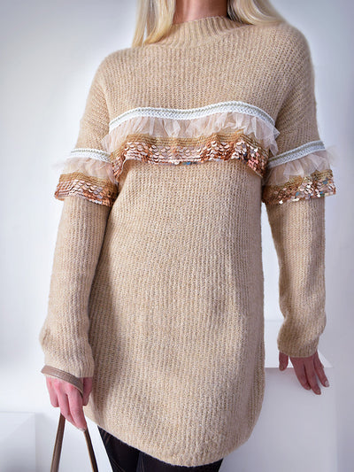 Knitted longline jumper Sequin and lace detailBeige