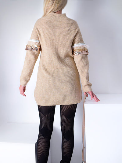 Knitted longline jumper Sequin and lace detailBeige