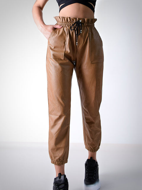 Brown Faux leather cargo trousers