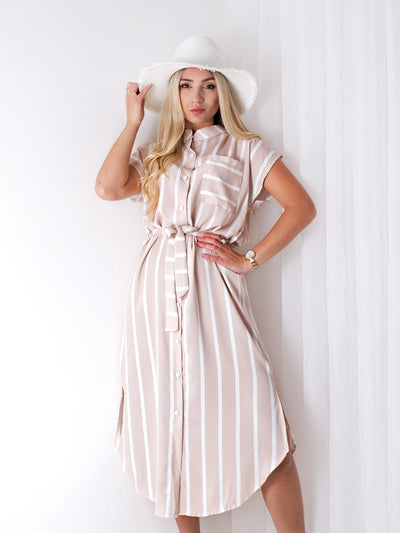 Sarah Tie waist stripe dress Beige