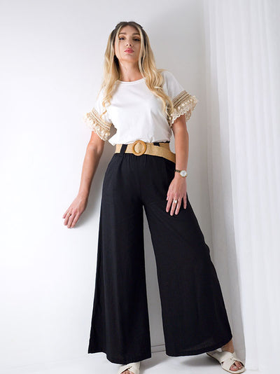 Black Linen wide leg belted trousers