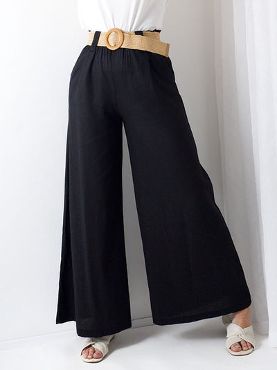 Black Linen wide leg belted trousers