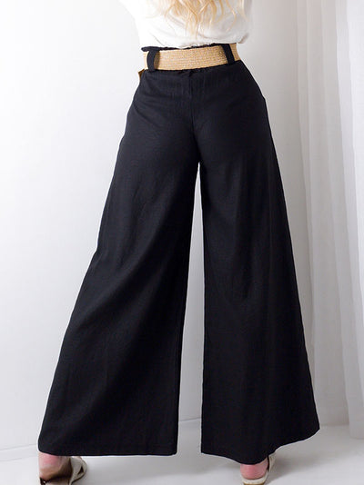 Black Linen wide leg belted trousers