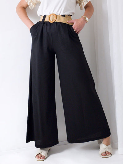 Black Linen wide leg belted trousers