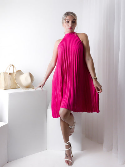 Millie pleated halter neck Dress Fuchsia