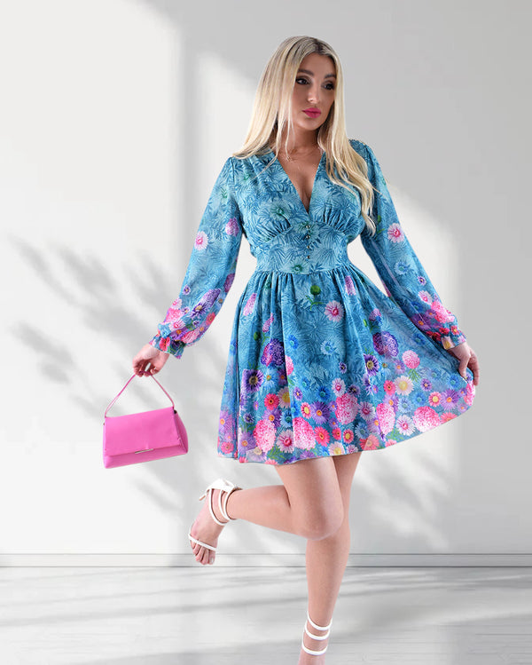 Teal Floral print v-neck dress