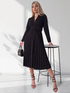 Black Pleated belted midi v-neck dress