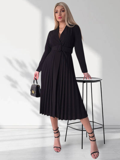Black Pleated belted midi v-neck dress