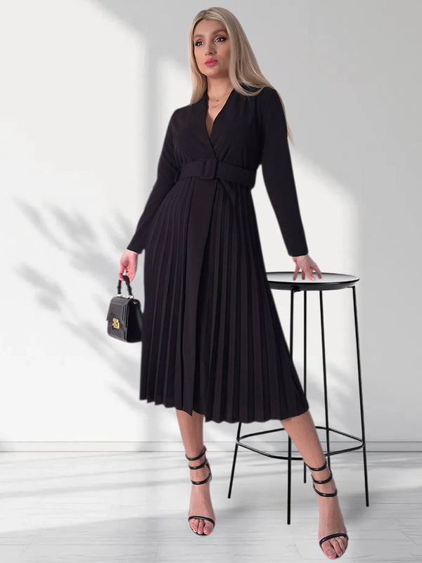 Black Pleated belted midi v-neck dress
