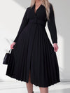 Black Pleated belted midi v-neck dress