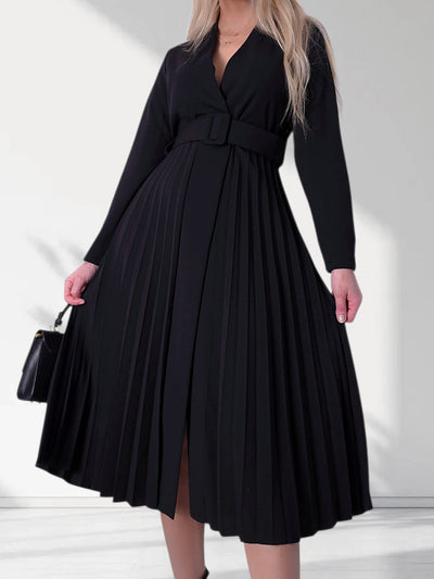 Black Pleated belted midi v-neck dress