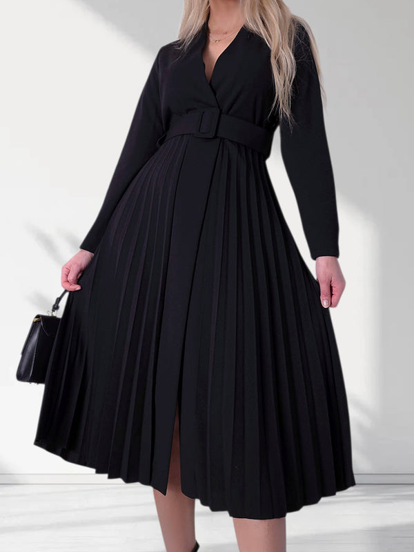 Black Pleated belted midi v-neck dress