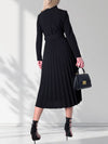 Black Pleated belted midi v-neck dress