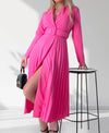 Pink Pleated belted midi v-neck dress