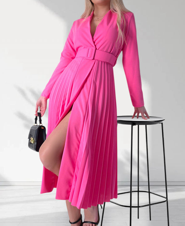 Pink Pleated belted midi v-neck dress