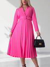 Pink Pleated belted midi v-neck dress