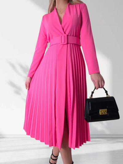 Pink Pleated belted midi v-neck dress
