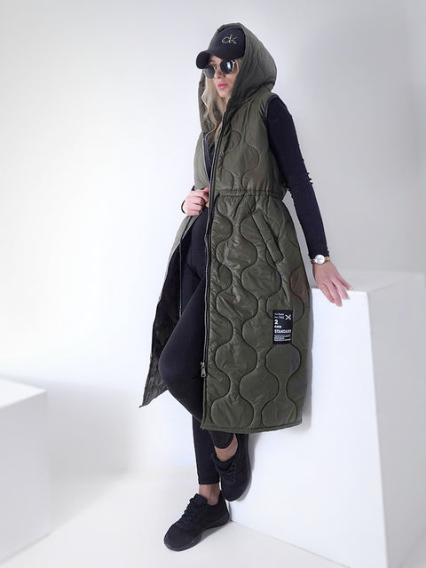 Khaki Longline hooded quilted gilet