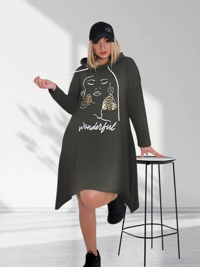 Face art and leo detail print jumper dress Khaki