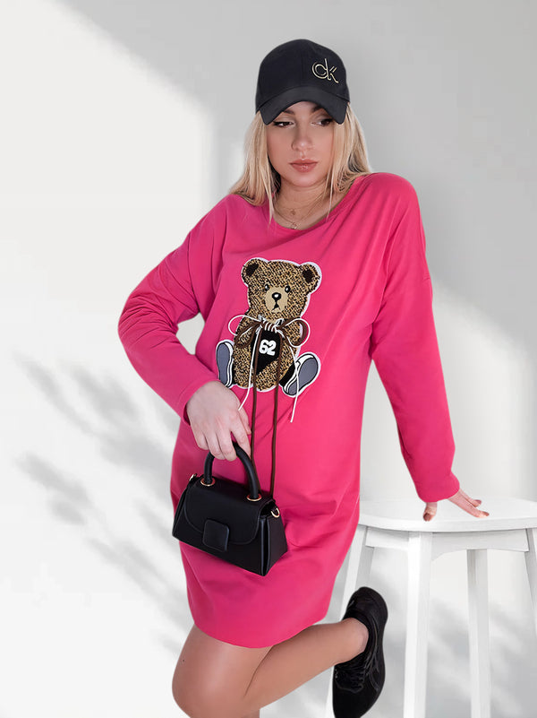 Bear long sleeve jumper dress Fuchsia