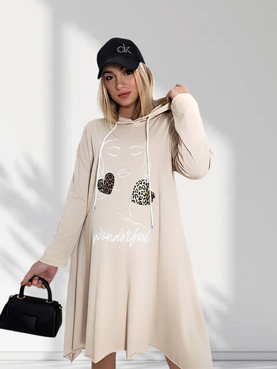 Face art and leo detail print jumper dress Beige