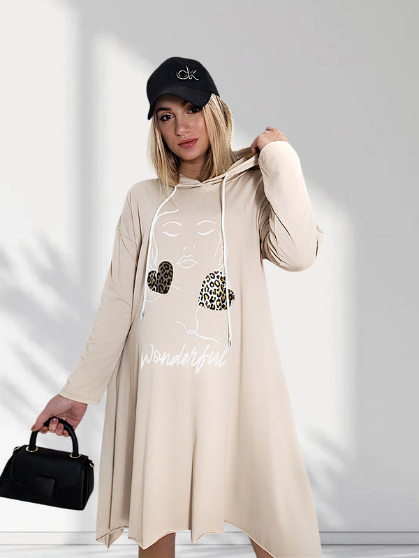 Face art and leo detail print jumper dress Beige