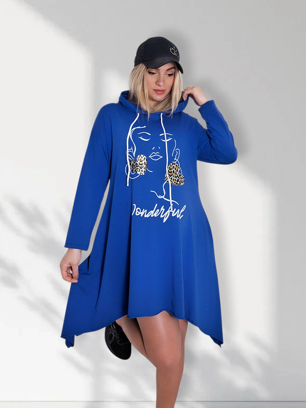 Face art and leo detail print jumper dress Blue