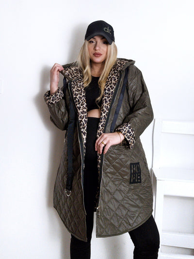 Khaki Leo detail Oversize Quilted hooded jacket Plus size