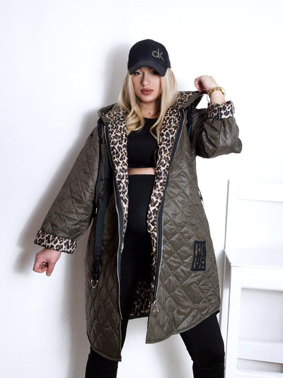 Khaki Leo detail Oversize Quilted hooded jacket Plus size