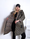 Khaki Leo detail Oversize Quilted hooded jacket Plus size