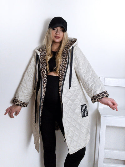 Cream-Beige Leo detail Oversize Quilted hooded jacket Plus size