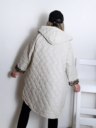 Cream-Beige Leo detail Oversize Quilted hooded jacket Plus size