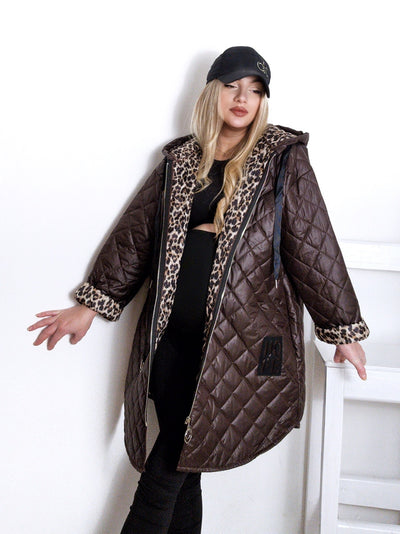 Brown Leo detail Oversize Quilted hooded jacket Plus size