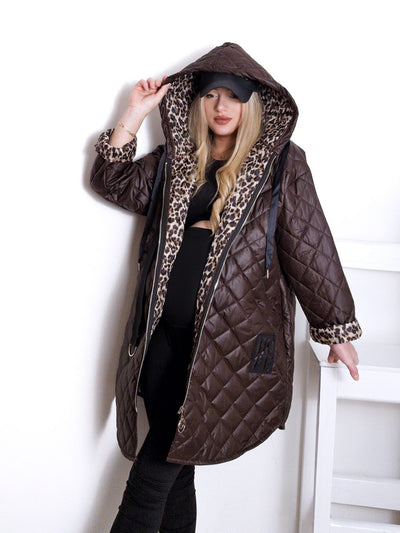 Brown Leo detail Oversize Quilted hooded jacket Plus size