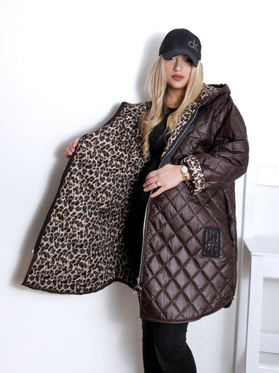 Brown Leo detail Oversize Quilted hooded jacket Plus size