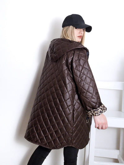 Brown Leo detail Oversize Quilted hooded jacket Plus size