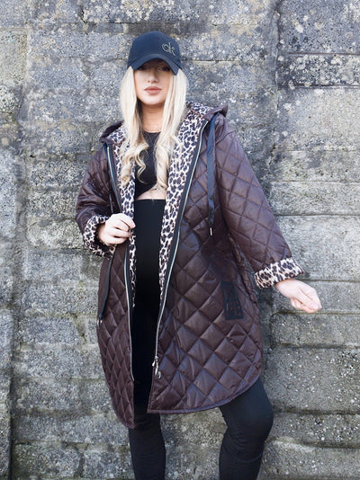 Brown Leo detail Oversize Quilted hooded jacket Plus size