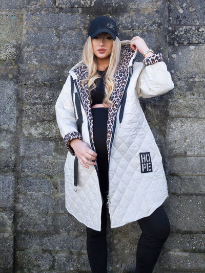 Cream-Beige Leo detail Oversize Quilted hooded jacket Plus size