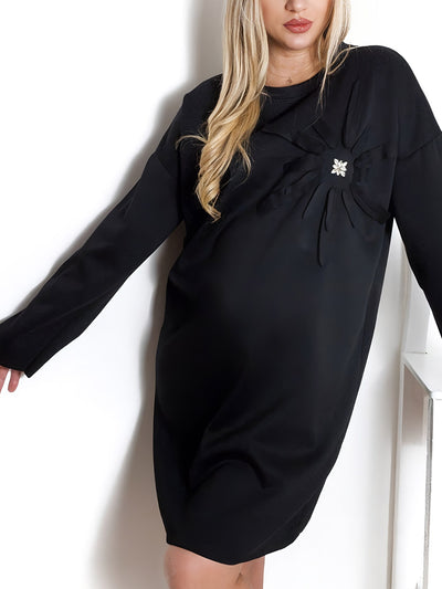 Diamond detail long sleeve dress Black