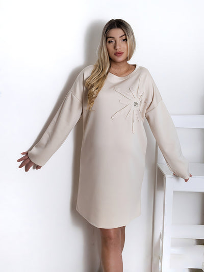 Diamond detail long sleeve dress Beige