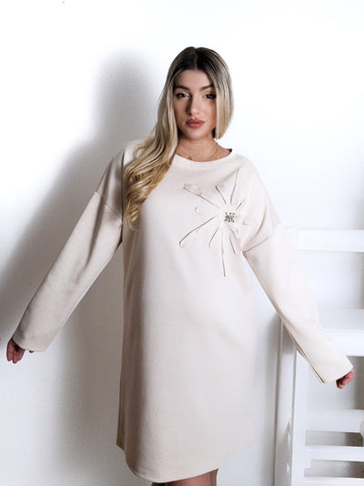 Diamond detail long sleeve dress Beige