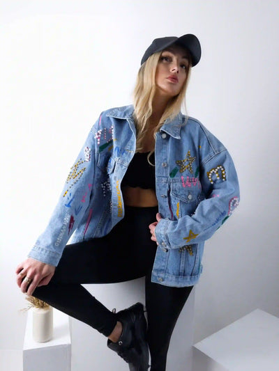 Daisy Printed pearl detail Denim Jacket Blue