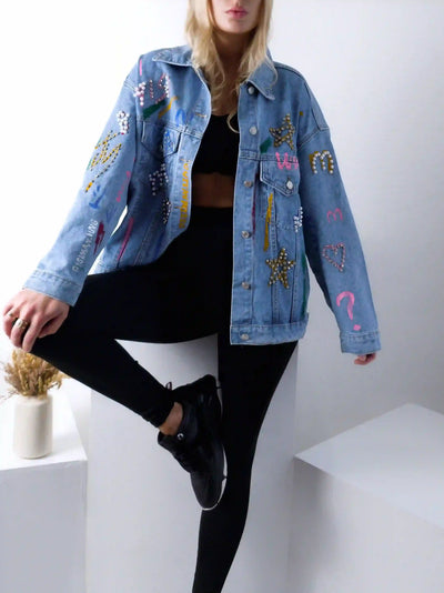 Daisy Printed pearl detail Denim Jacket Blue