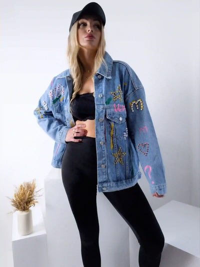 Daisy Printed pearl detail Denim Jacket Blue