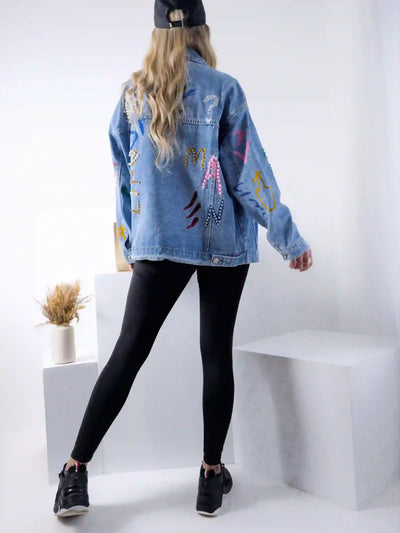 Daisy Printed pearl detail Denim Jacket Blue