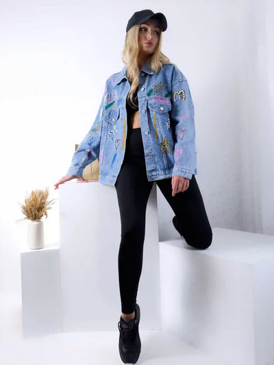 Daisy Printed pearl detail Denim Jacket Blue