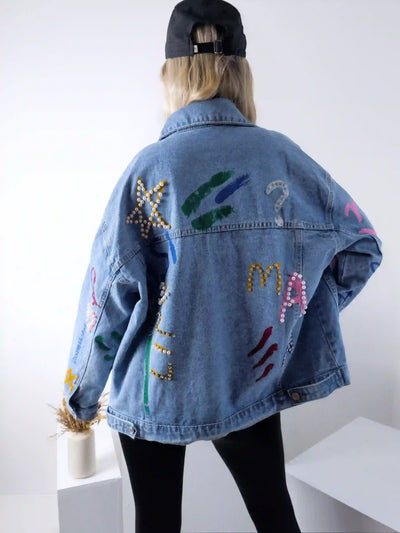 Daisy Printed pearl detail Denim Jacket Blue